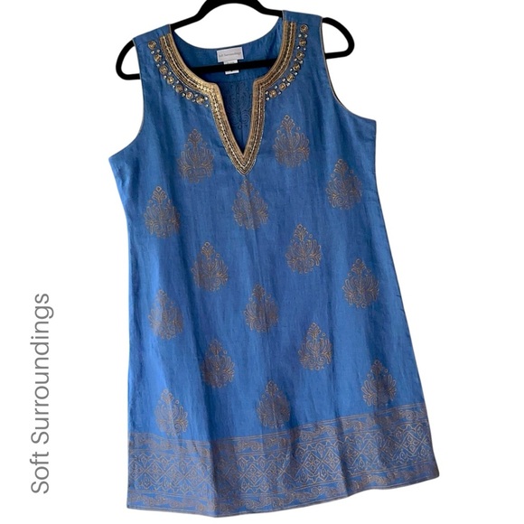 SOFT SURROUNDINGS | NWOT PURE LINEN PERIWINKLE BLUE GOLD BEADED DRESS | MEDIUM - Picture 1 of 9